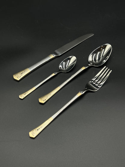 24 Pcs Stainless Steel Cutlery Set – Silver & Gold Accent Elegance