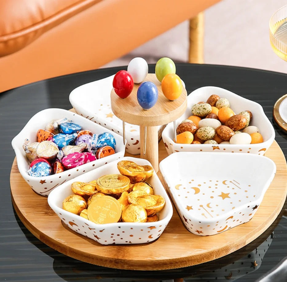 Galaxy Ceramic Fruit Platter with Forks and Wooden Stand 🍇 🍈