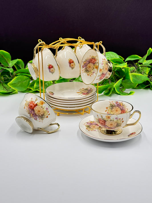 12 Pcs Marigold Flower Fine Bone China Cup & Saucer Set with Stand🌺