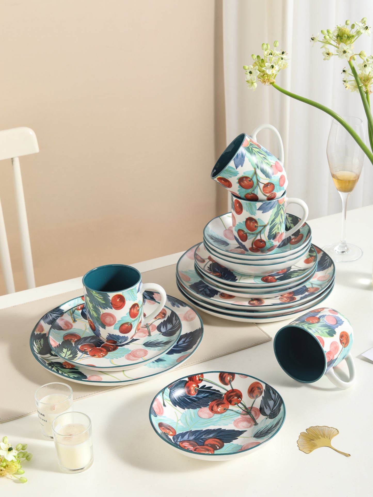 🍒 Cherry Bloom- 16 pcs Handmade Matte Ceramic Dinner Set