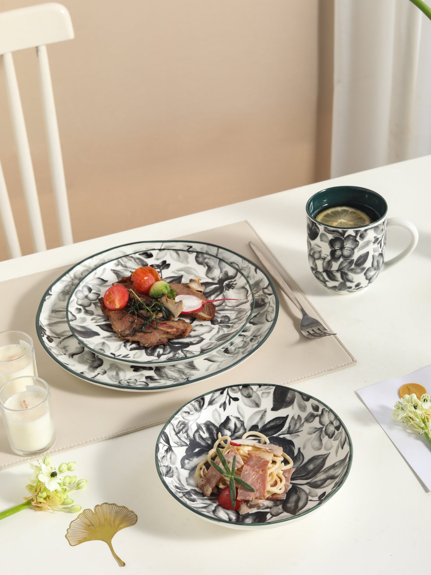 🌙 Midnight Bloom- 16 pcs Handmade Matte Ceramic Dinner Set