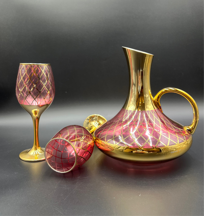 24K Gold Plated 7 Pcs Pink Turkey Glass Water Set