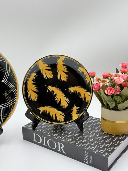 24 Pcs Feather Design Black Porcelain Plate Set with Bowls 🪶