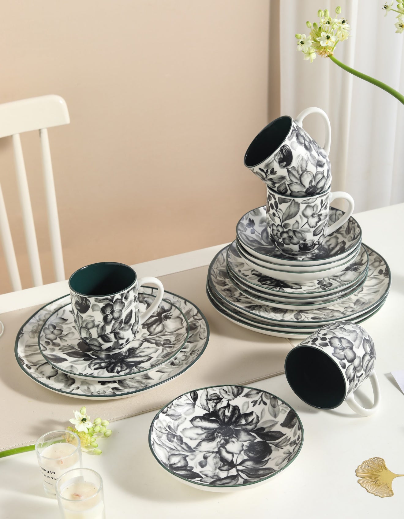 🌙 Midnight Bloom- 16 pcs Handmade Matte Ceramic Dinner Set