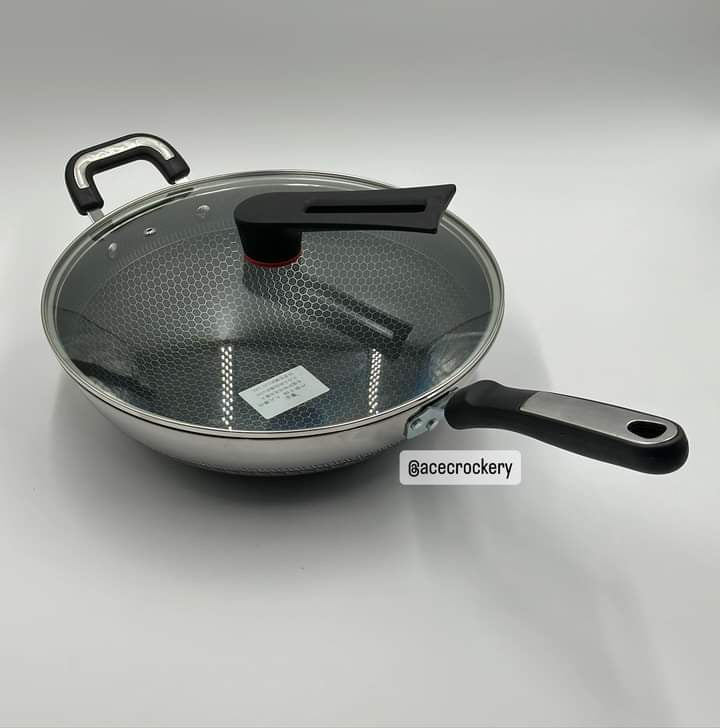 Double Sided Honeycomb Non-Stick 316 Stainless Steel Wok Pan with Lid ♨️