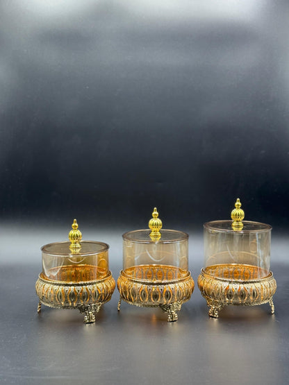 3 Pcs Golden Glass Storage Jars with Metal Stands✨