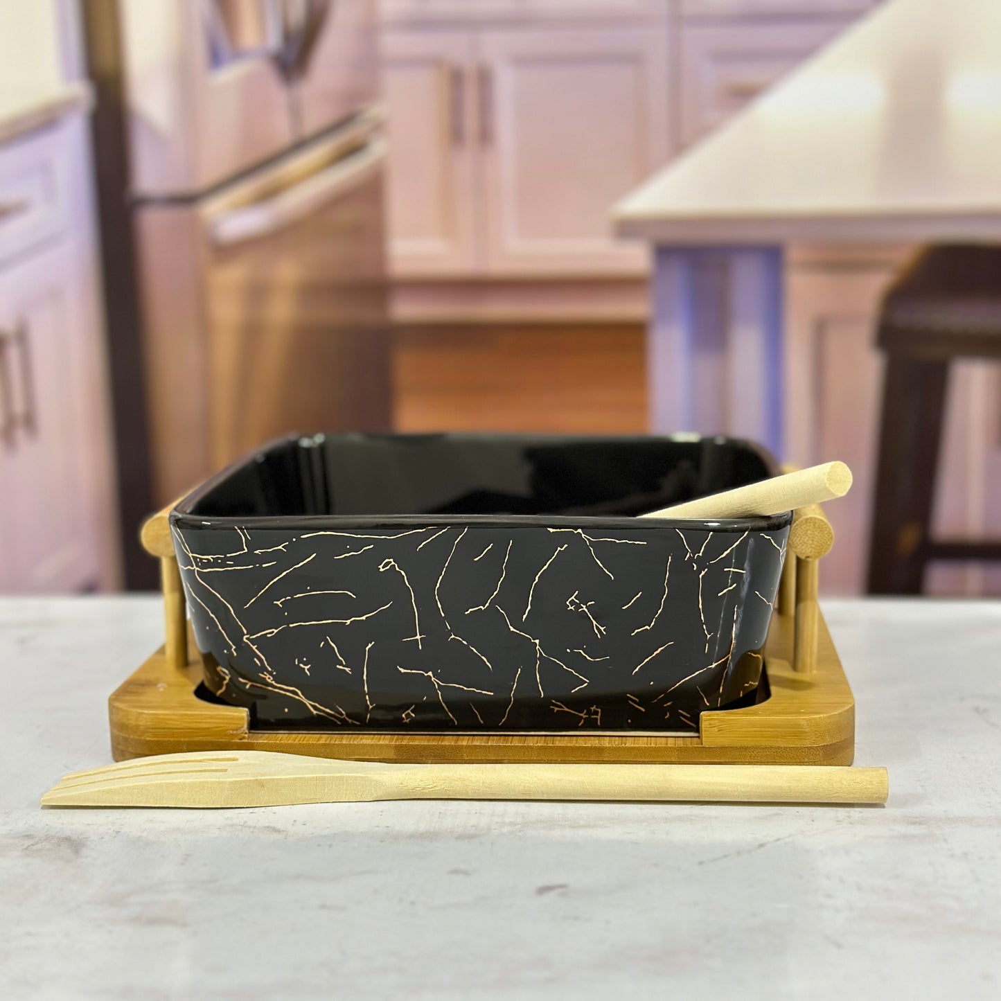 Black/White Marble Design Ceramic Chow Mein Bowl with Bamboo Spoon-Fork and Stand ✨