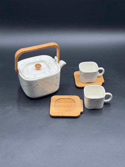 16 Pcs White Marble Design Ceramic Tea Set with Wooden Saucers ☕️✨