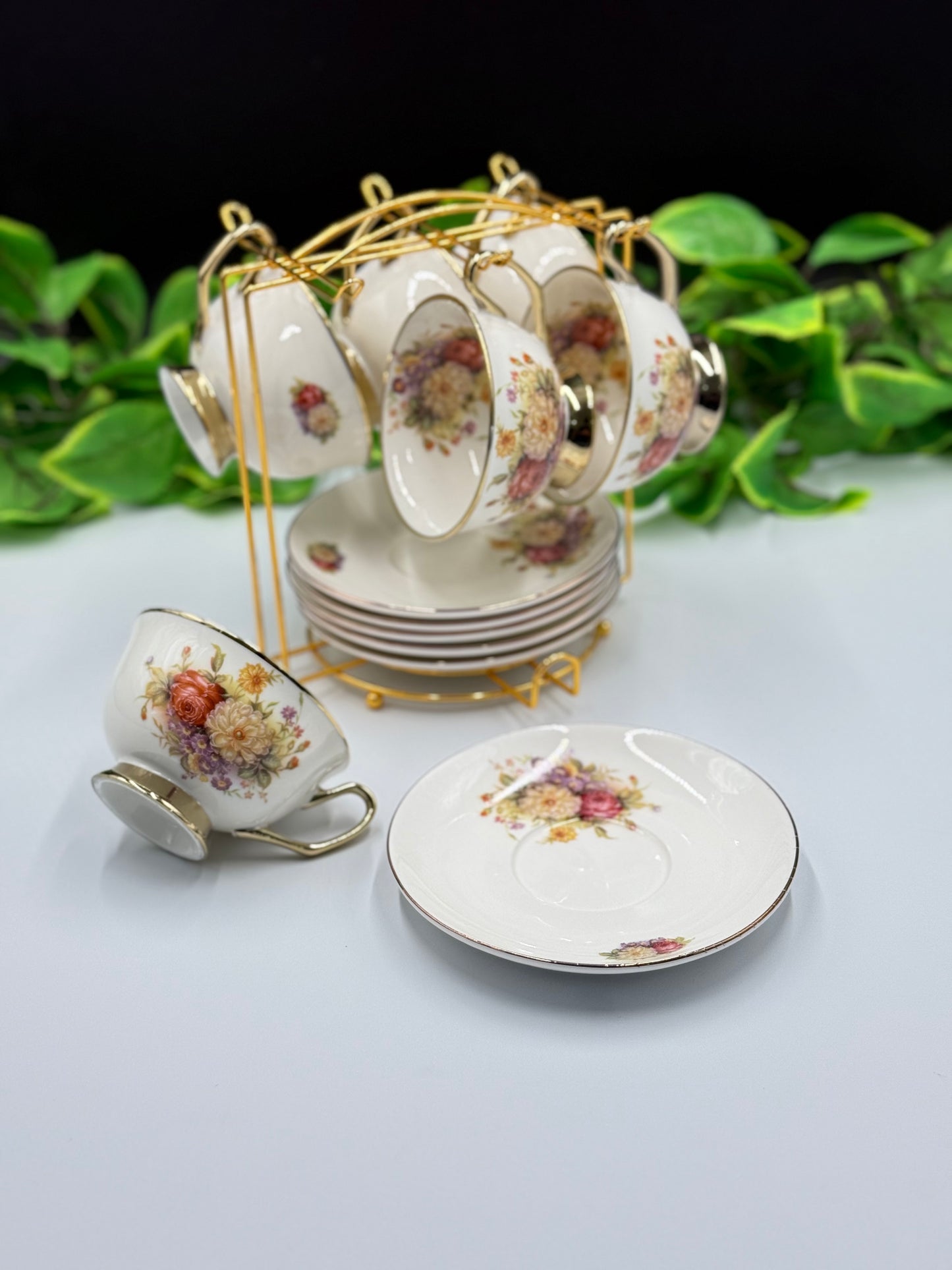 12 Pcs Marigold Flower Fine Bone China Cup & Saucer Set with Stand🌺