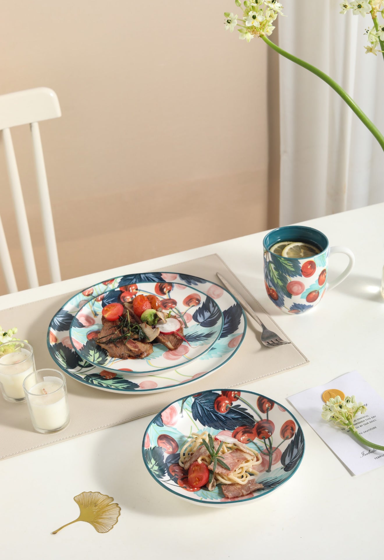 🍒 Cherry Bloom- 16 pcs Handmade Matte Ceramic Dinner Set