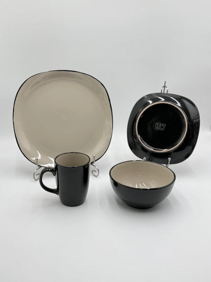 16 Pcs Cream & Black Glazed Stoneware Breakfast Set 🍽️
