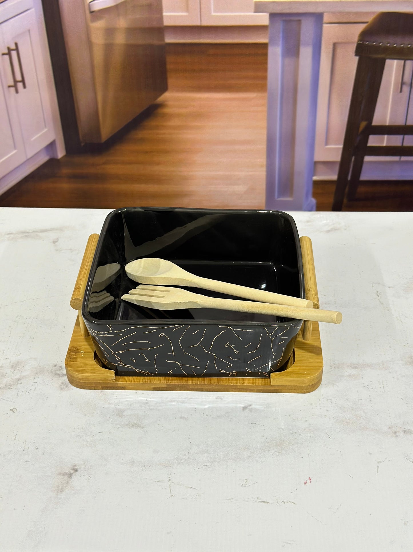 Black/White Marble Design Ceramic Chow Mein Bowl with Bamboo Spoon-Fork and Stand ✨