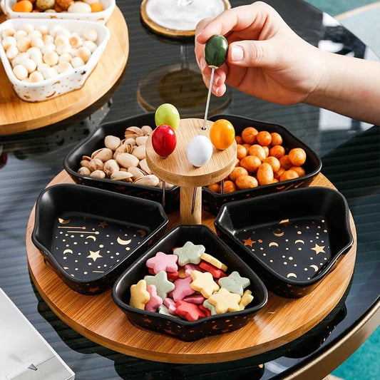 Galaxy Ceramic Fruit Platter with Forks and Wooden Stand 🍇 🍈