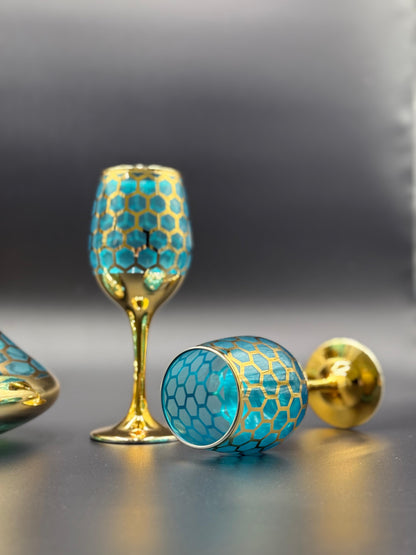 24K Gold Plated 7 Pcs Turkey Blue Glass Waterset