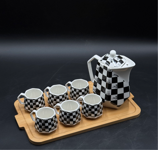 8 Pcs Box Pattern Ceramic Kehwa Set with Wooden Tray ☕️✨