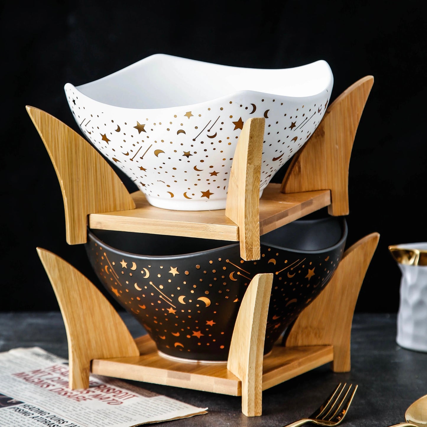 Large Galaxy Ceramic Serving  Bowl with Wooden Stand ✨