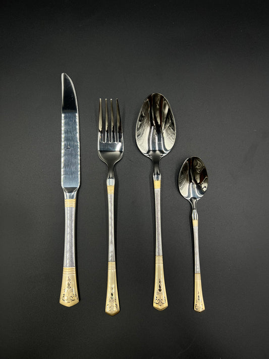 24 Pcs Stainless Steel Cutlery Set – Silver & Gold Accent Elegance