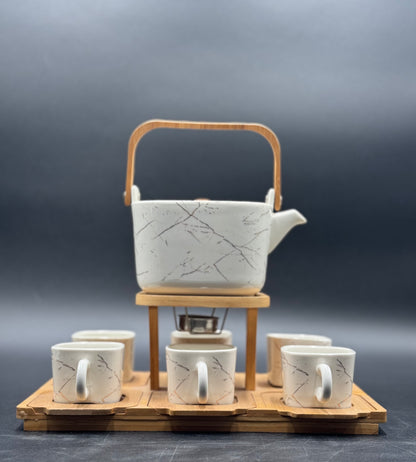 16 Pcs White Marble Design Ceramic Tea Set with Wooden Saucers ☕️✨