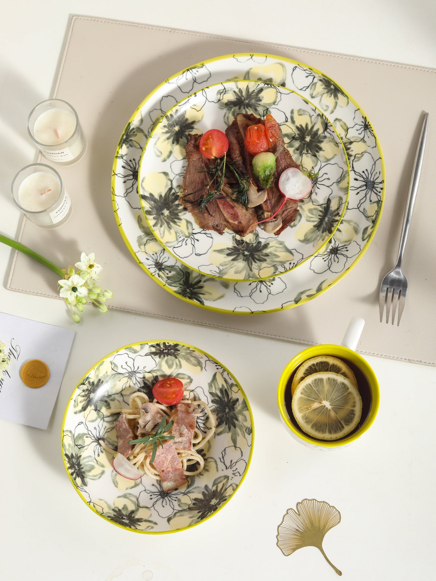 🌿 Lemon Bloom- 16 pcs Handmade Matte Ceramic Dinner Set