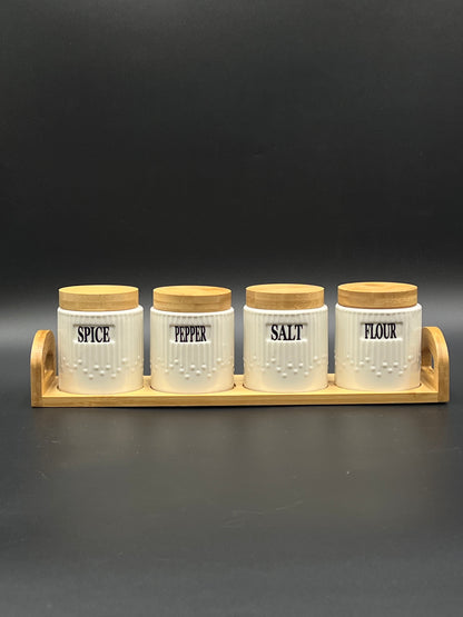 4 Pcs Air-Tight Ceramic Spice Jars Set with Bamboo Stand