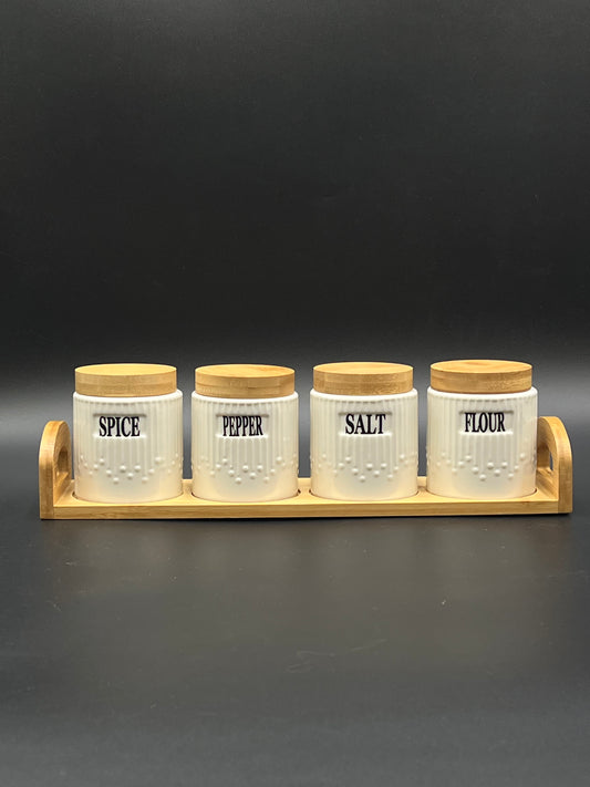 4 Pcs Air-Tight Ceramic Spice Jars Set with Bamboo Stand