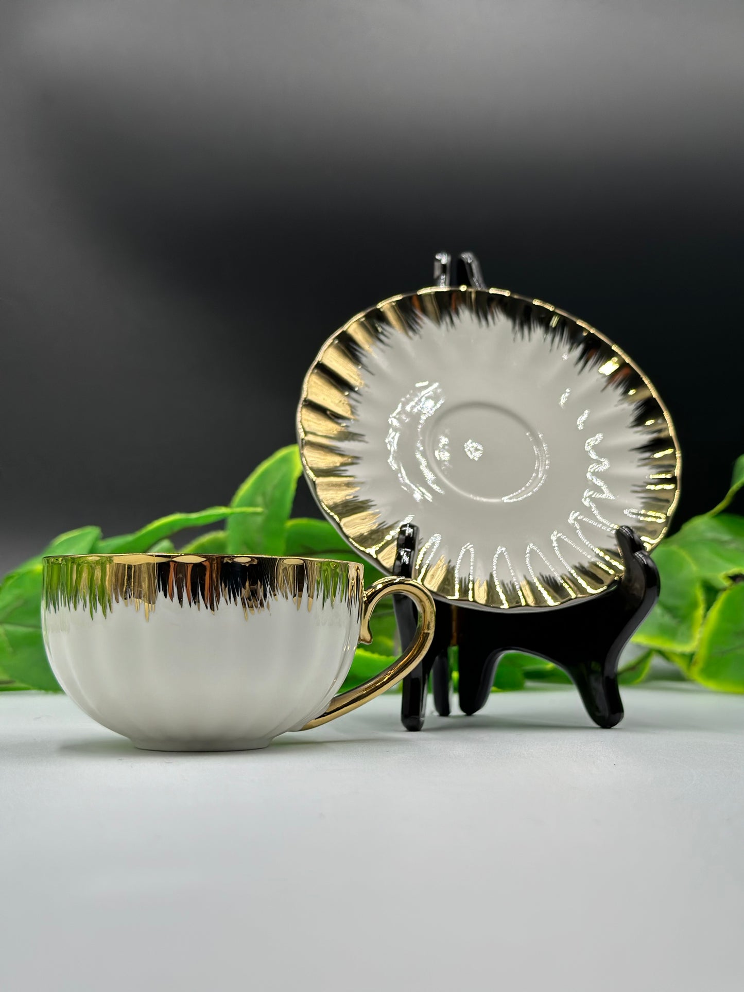 12 Pcs Gold Flame Rim Fine Bone China Cup and Saucer Set ✨