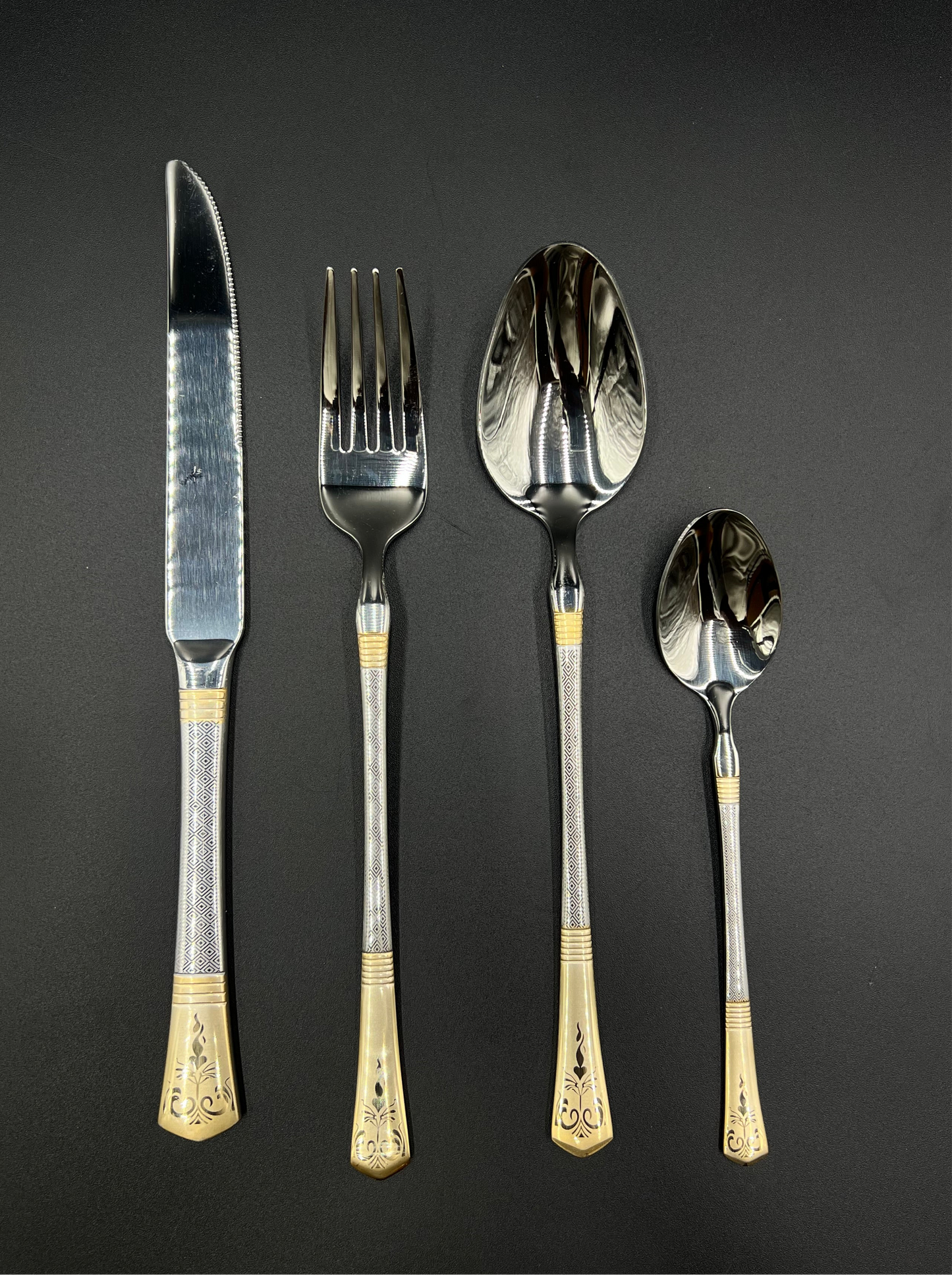 24 Pcs Stainless Steel Cutlery Set – Silver & Gold Accent Elegance