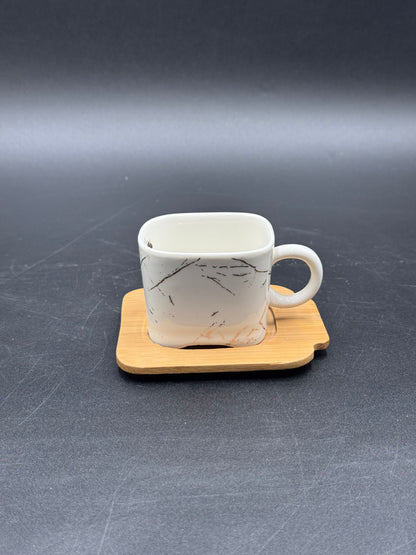 16 Pcs White Marble Design Ceramic Tea Set with Wooden Saucers ☕️✨