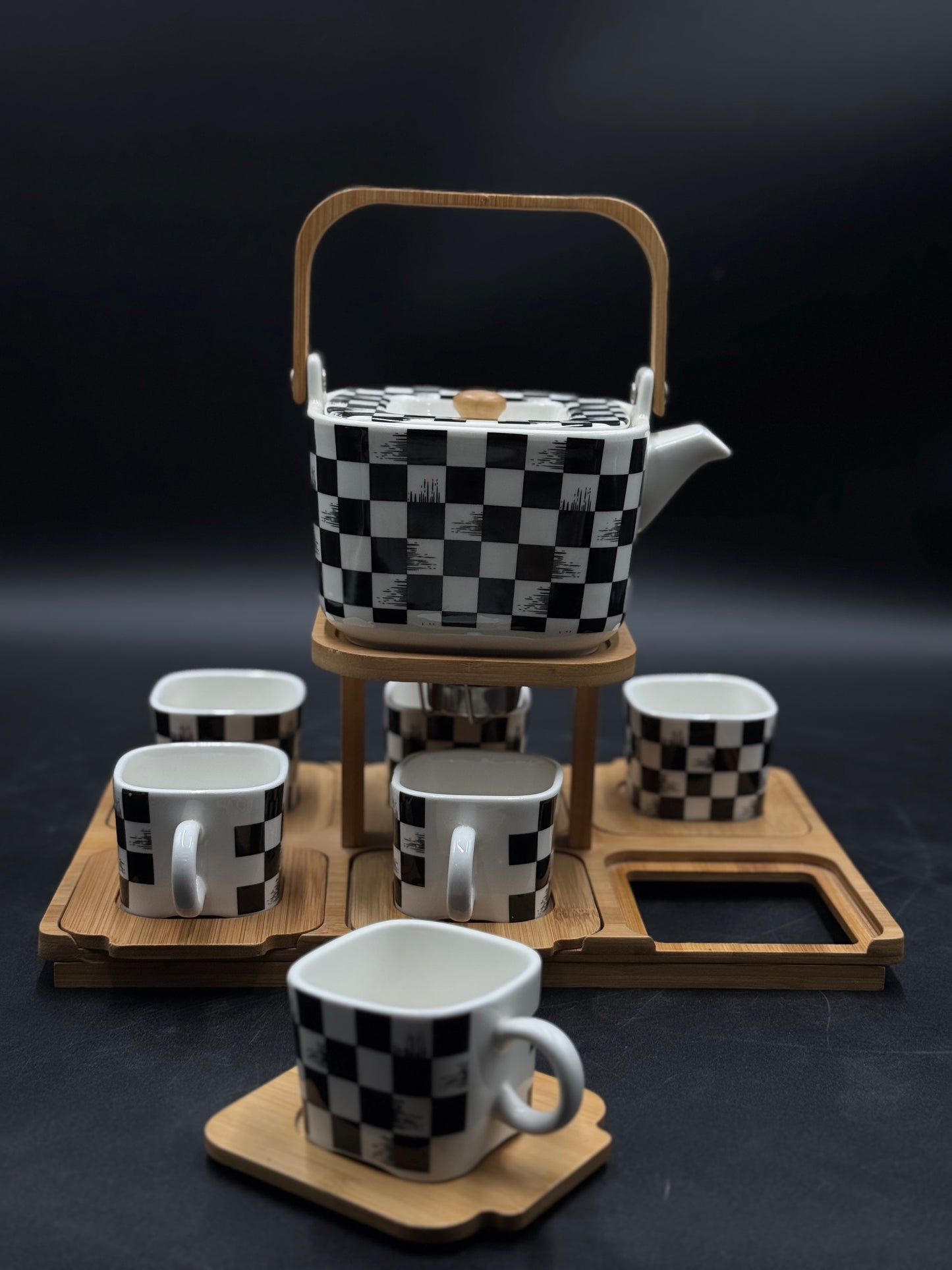 16 Pcs Box Pattern Ceramic Tea Set with Wooden Saucers ☕️✨