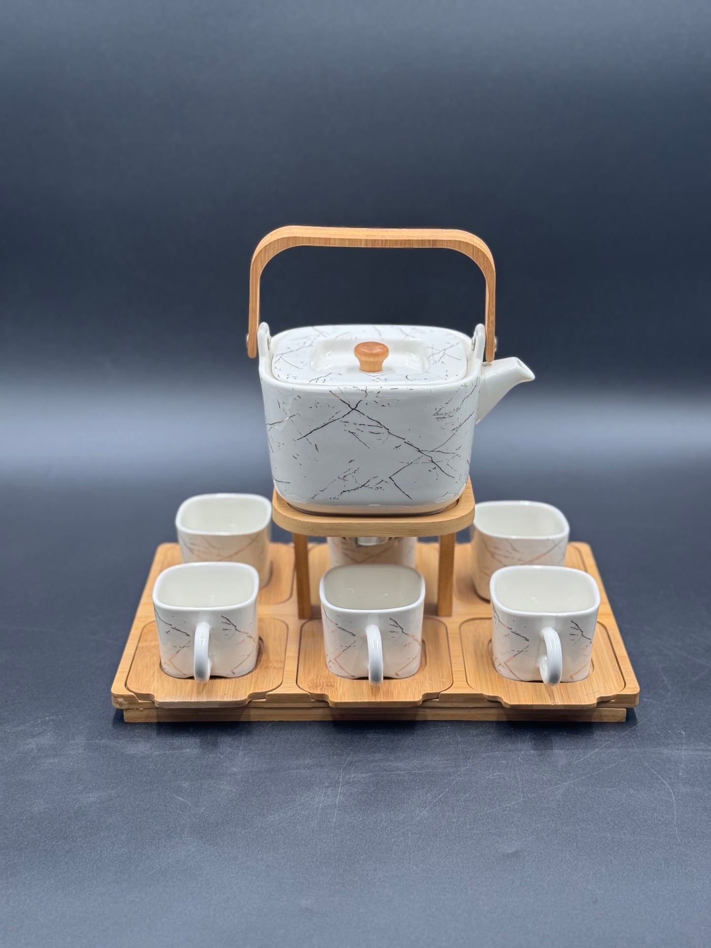 16 Pcs White Marble Design Ceramic Tea Set with Wooden Saucers ☕️✨