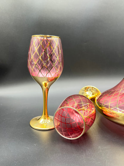 24K Gold Plated 7 Pcs Pink Turkey Glass Water Set