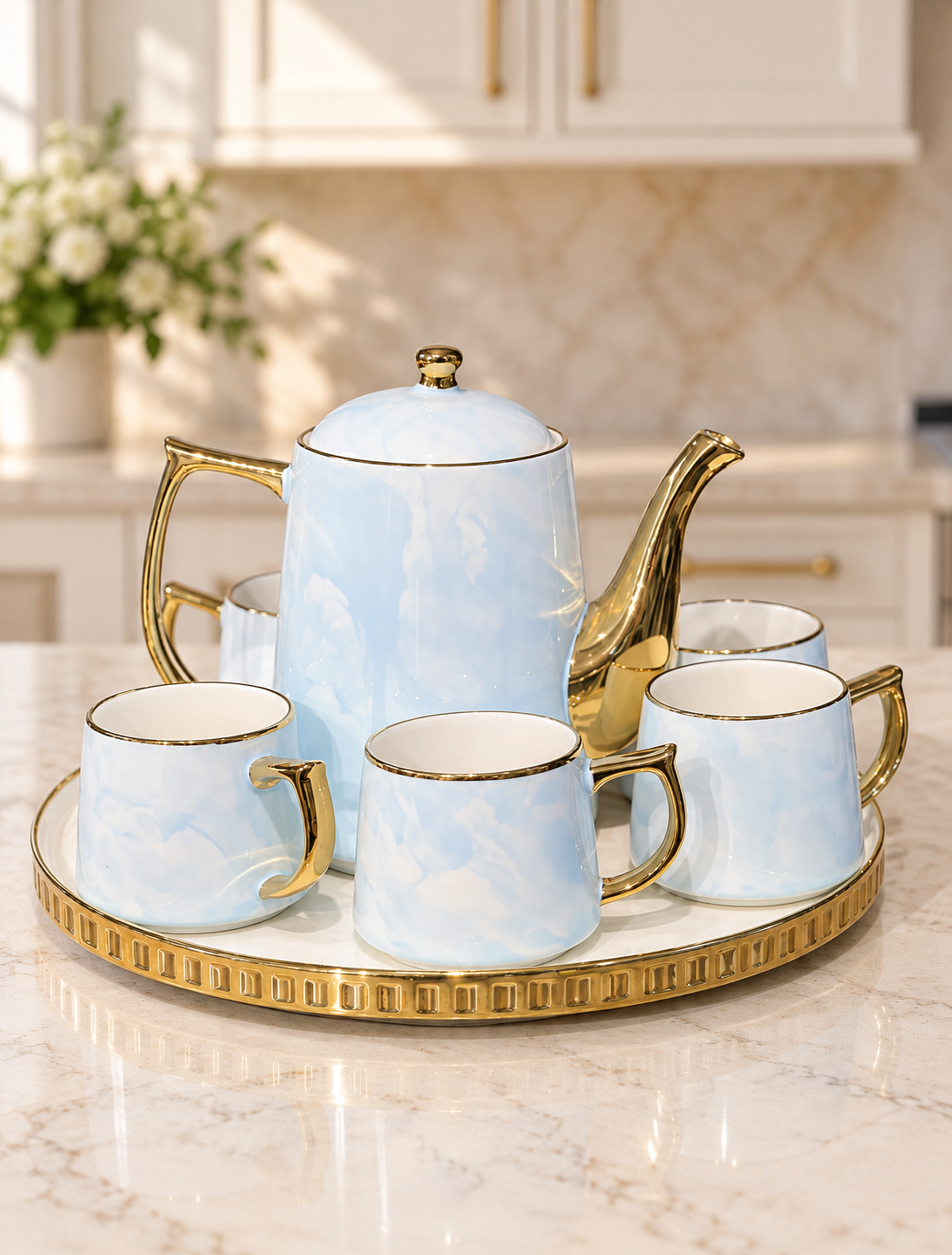 8 Pcs Blue Bliss Tea Set with Rotating Tray ☕️