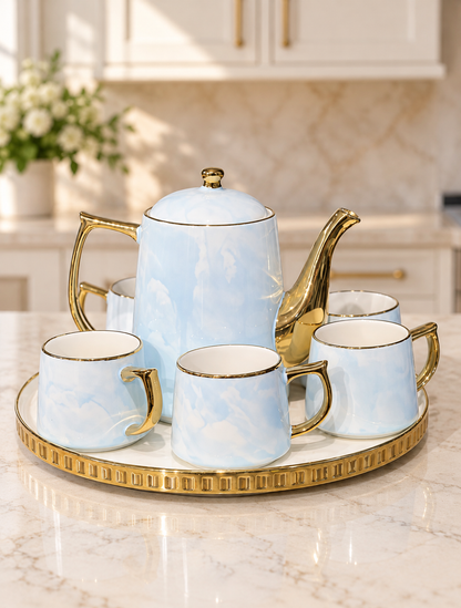 8 Pcs Blue Bliss Tea Set with Rotating Tray ☕️