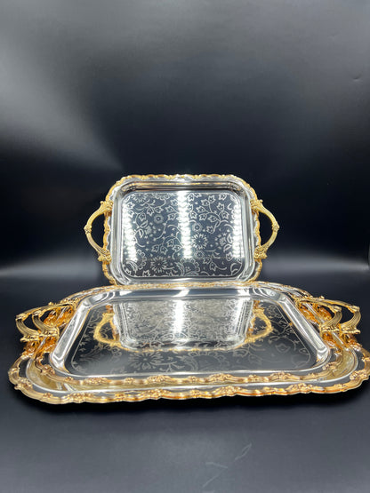 Royal Silver & Gold 3 Pcs Stainless Steel Serving Tray Set
