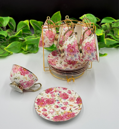 12 Pcs Blossom Flower Fine Bone China Cup & Saucer Set with Stand🌺