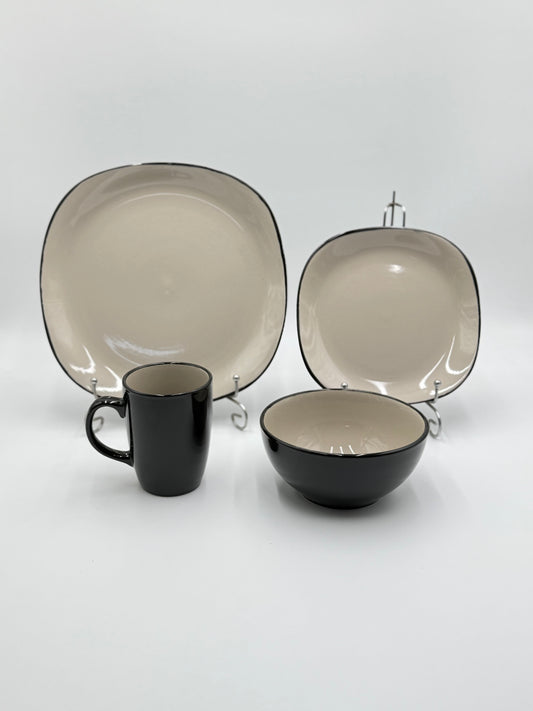 16 Pcs Cream & Black Glazed Stoneware Breakfast Set 🍽️