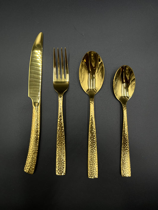 24 Pcs Stainless Steel Cutlery Set – Hammered Gold Prestige