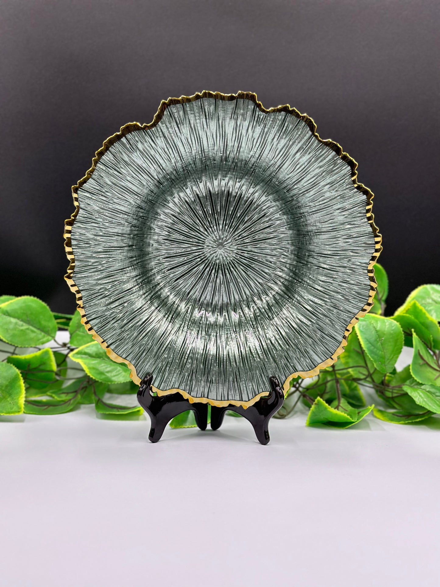 Greyish-Green Glass Flower Turkish Platter  🍀