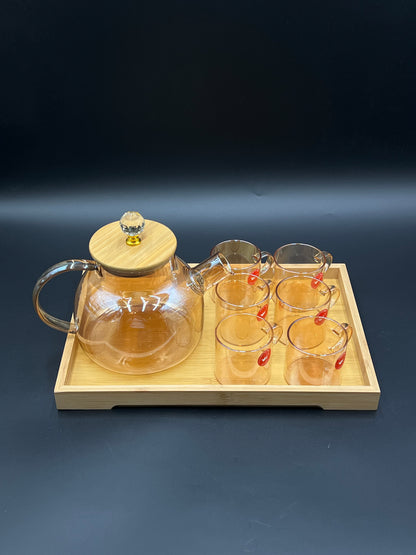 7 Pcs Chinese Glass Kehwa Set with Bamboo Tray ♨️