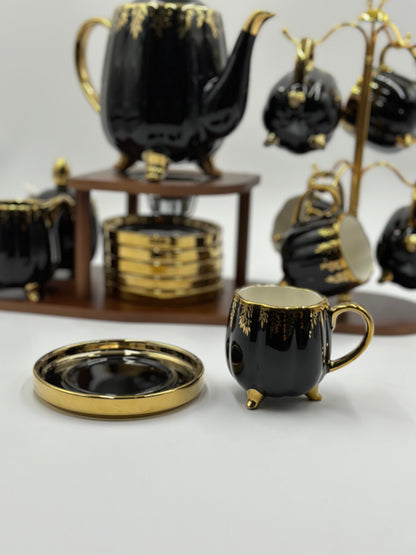 24K Gold Plated 20pcs Ceramic Tea Set with Wooden Stand