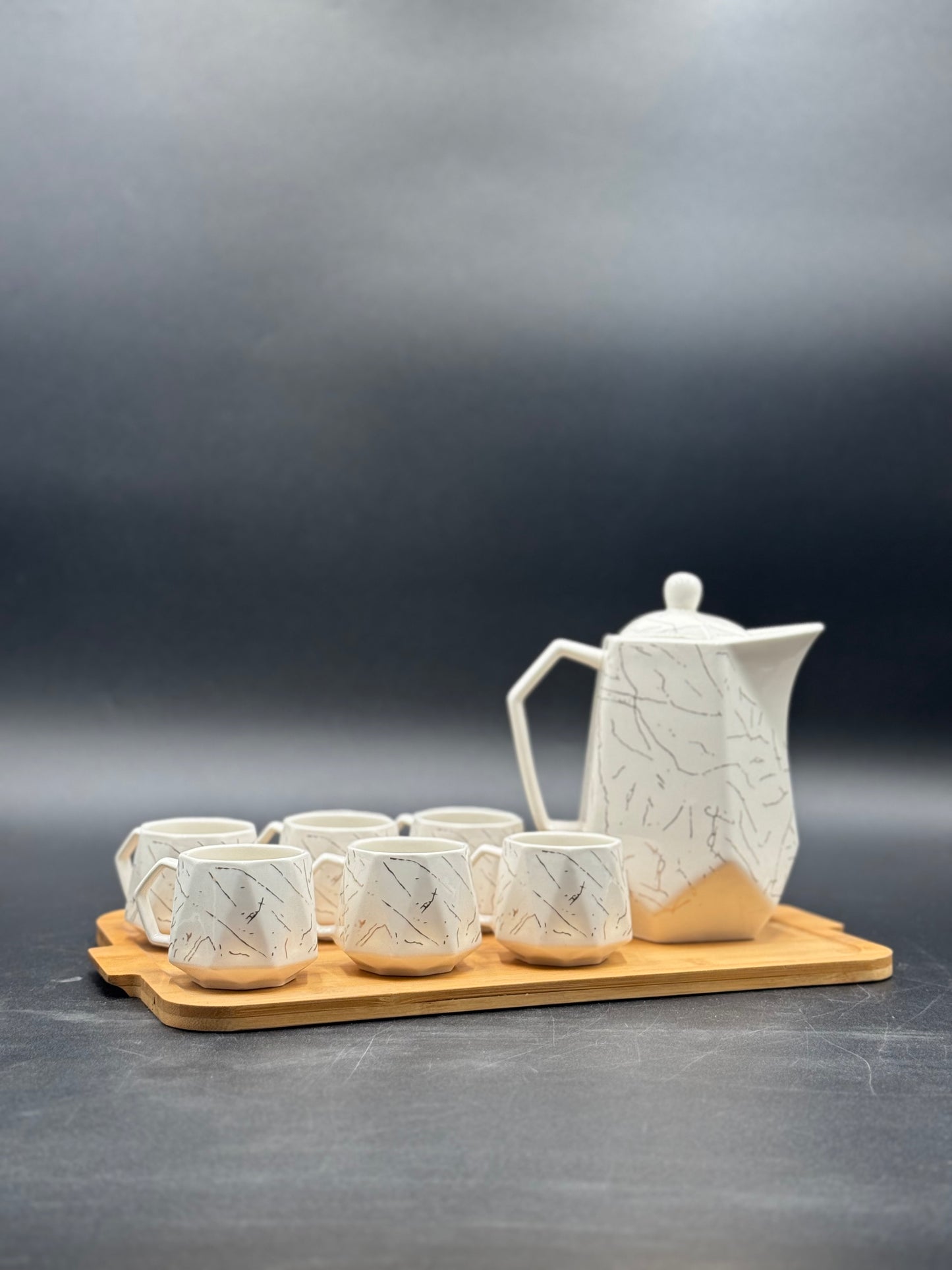 8 Pcs White Marble Design Ceramic Kehwa Set with Wooden Tray ☕️✨