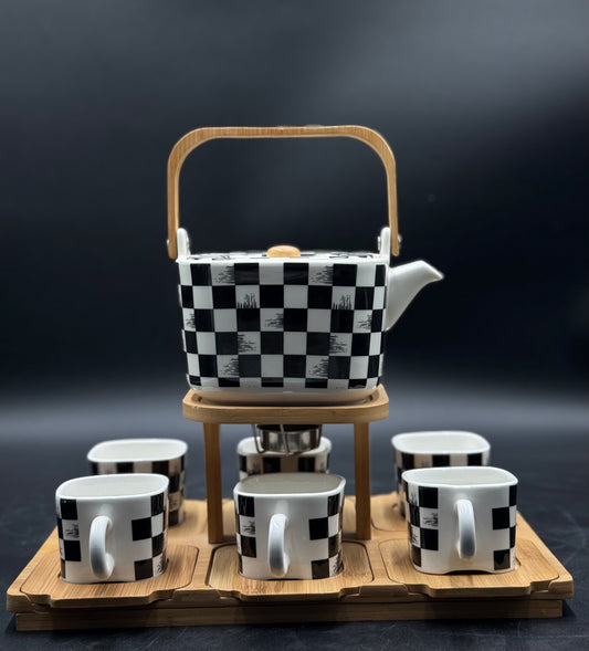 16 Pcs Box Pattern Ceramic Tea Set with Wooden Saucers ☕️✨