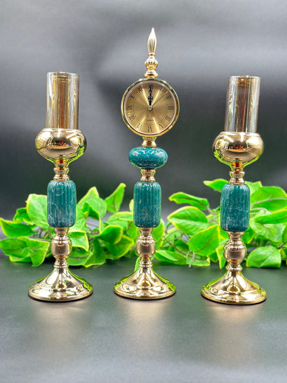 3pcs Metal Candle Stand and Table Clock with Marble Decoration ✨