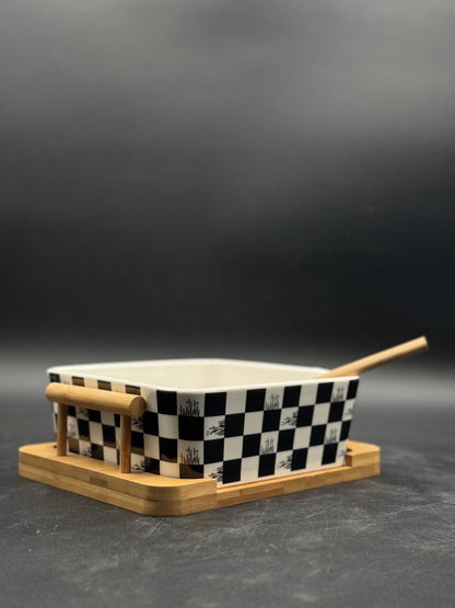 Box Pattern Ceramic Chow Mein Bowl with Bamboo Spoon-Fork and Stand ✨