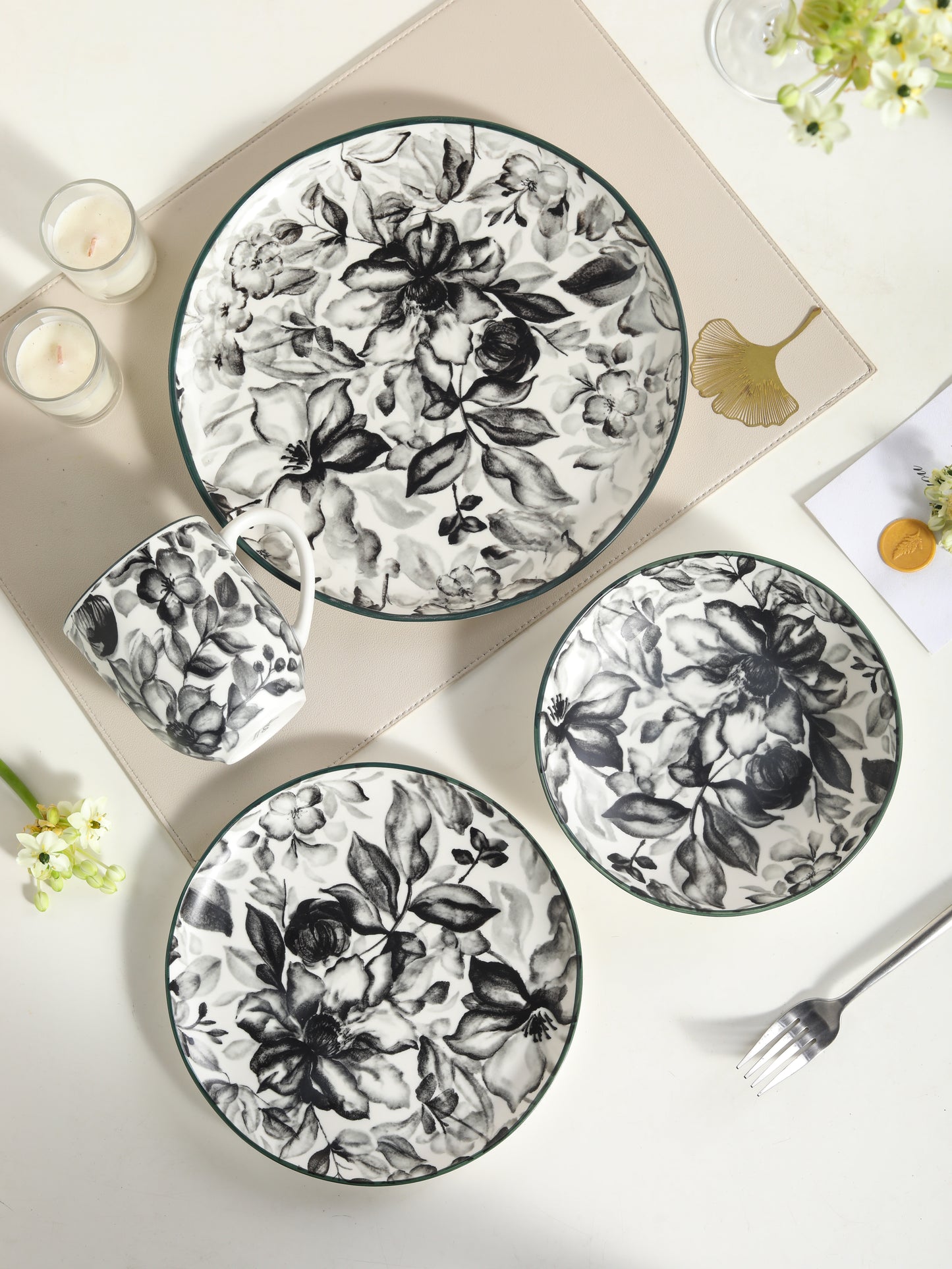 🌙 Midnight Bloom- 16 pcs Handmade Matte Ceramic Dinner Set