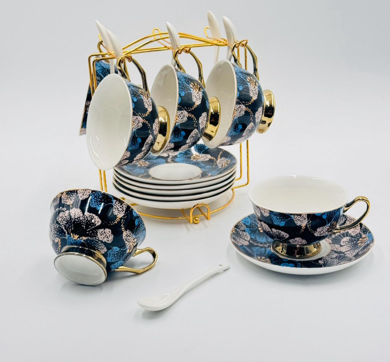 12 Pcs Midnight Blue Floral Fine Bone China Cup & Saucer Set with Stand & Spoons 🌌