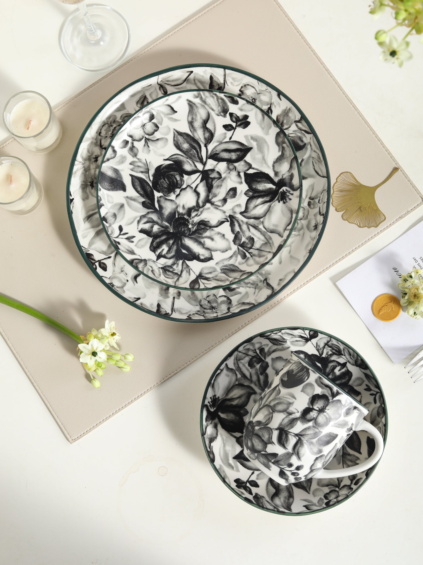 🌙 Midnight Bloom- 16 pcs Handmade Matte Ceramic Dinner Set