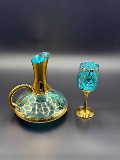 24K Gold Plated 7 Pcs Turkey Blue Glass Waterset