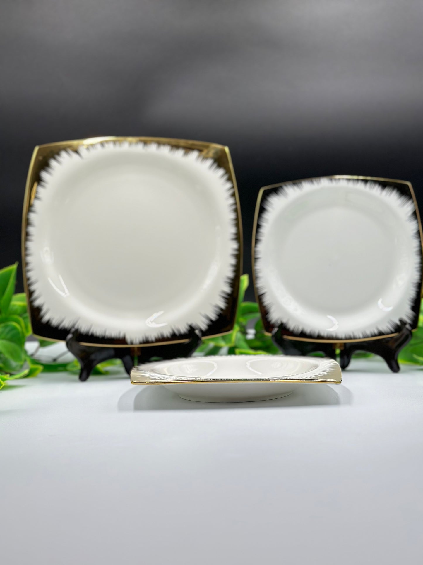 18 Pcs Gold Flame Rim Fine Bone China Square Plate Set 🍽️✨