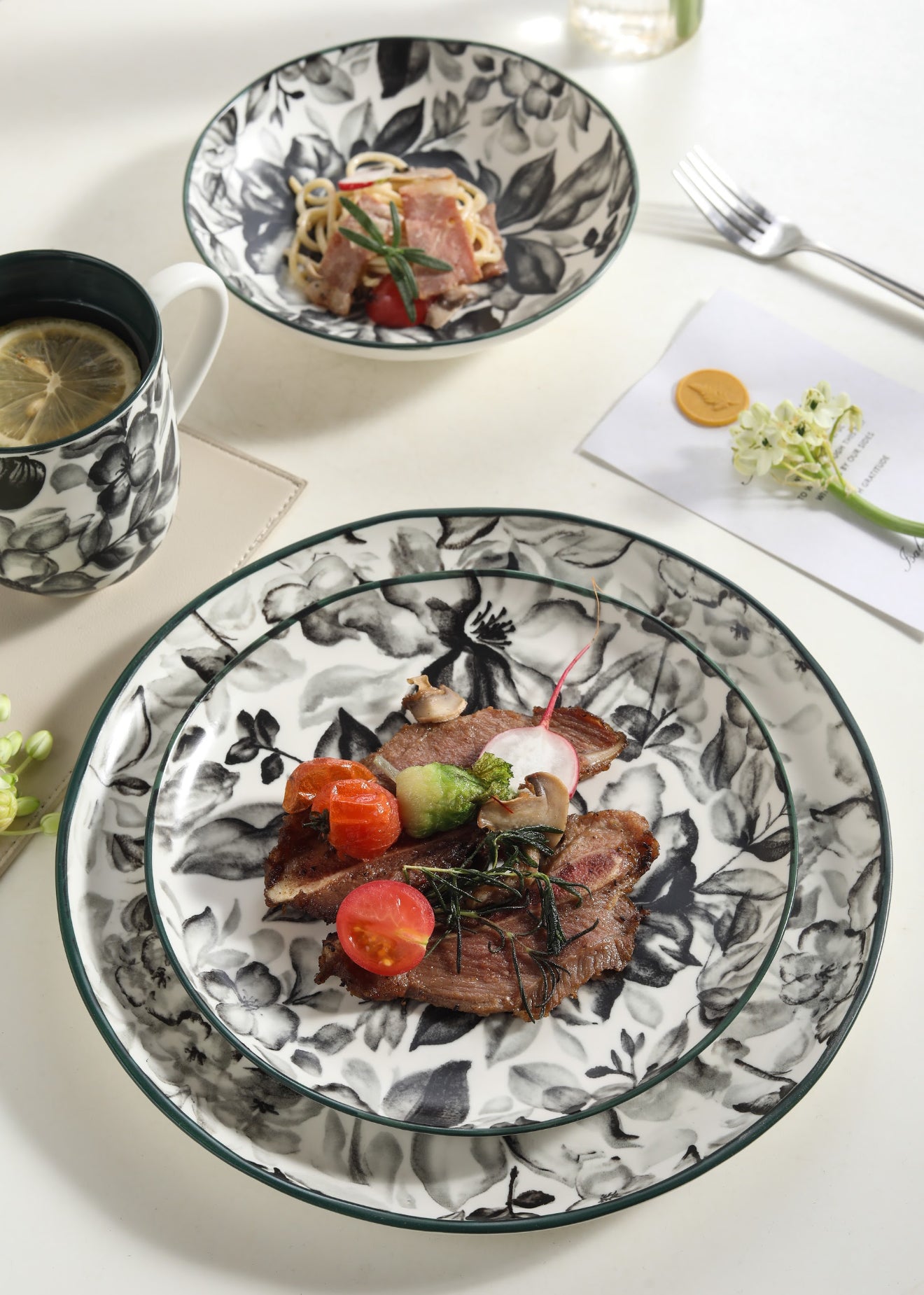 🌙 Midnight Bloom- 16 pcs Handmade Matte Ceramic Dinner Set